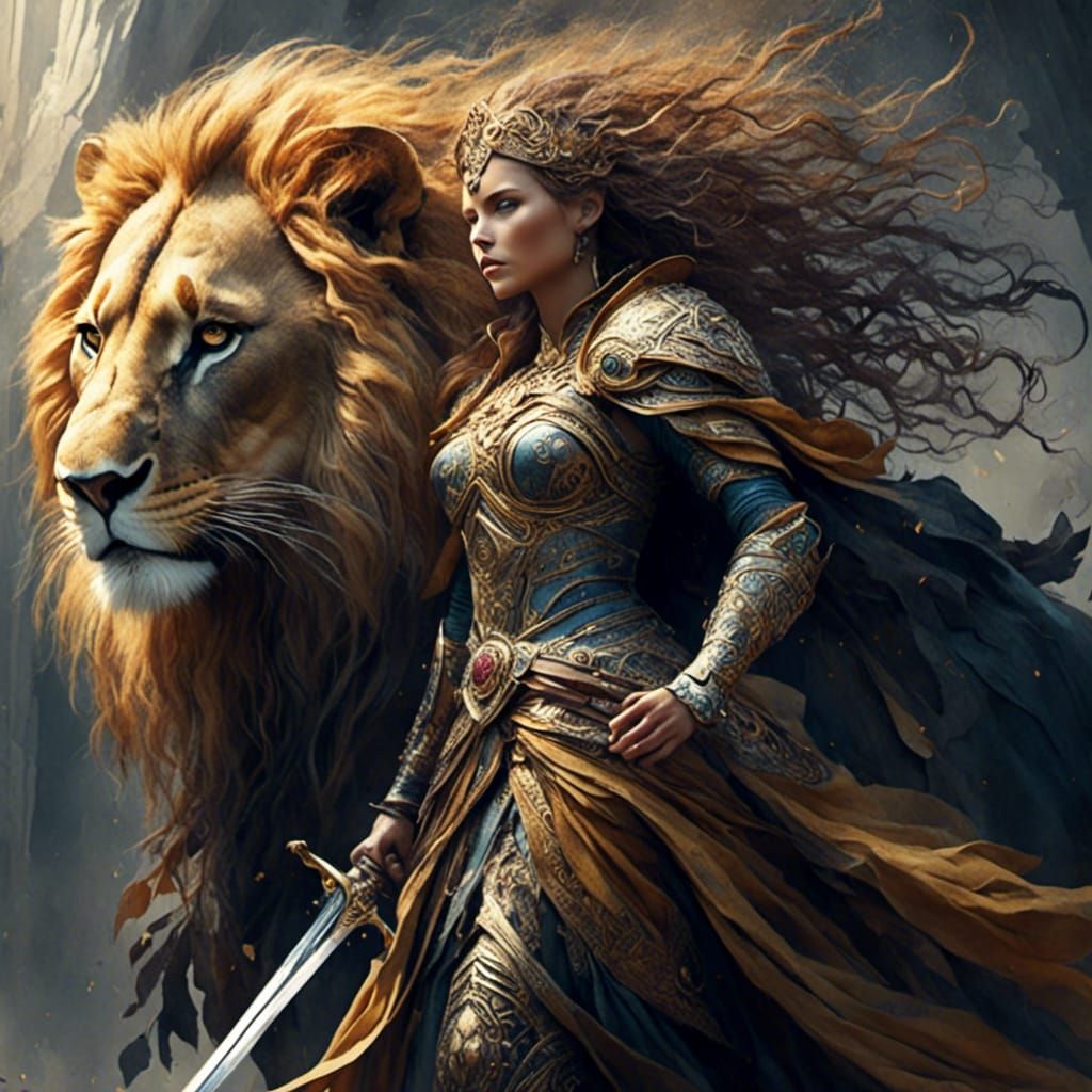 Lion, Lioness and Warrior Goddess in Watercolor