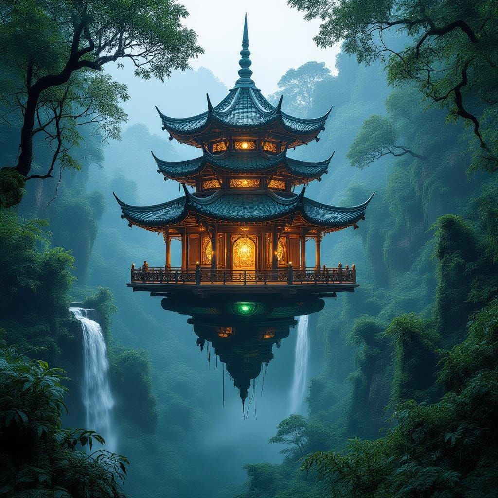 Majestic Floating Pagoda in Bioluminescent Forest