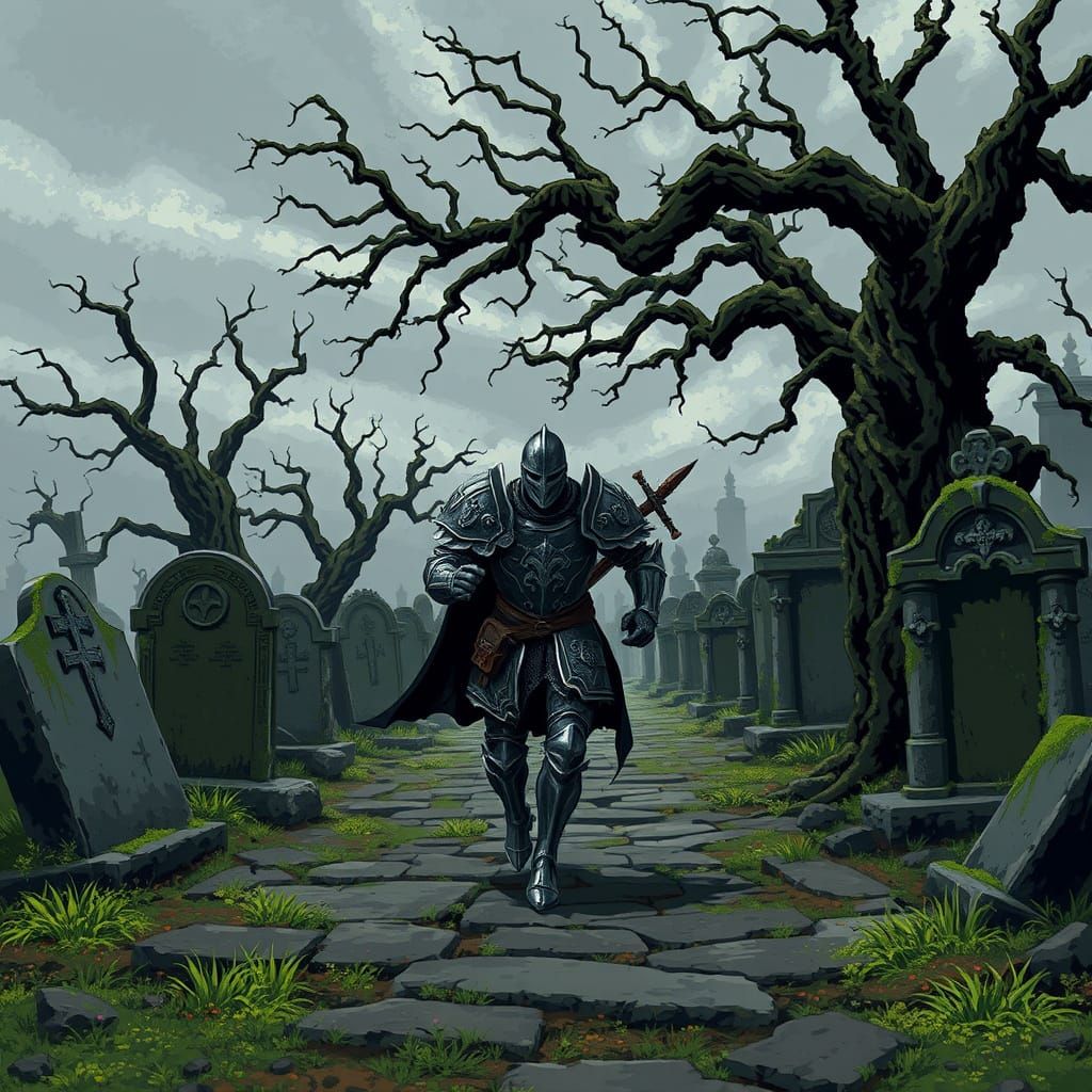 Pixel Art Knight in Cemetery Under Grey Sky