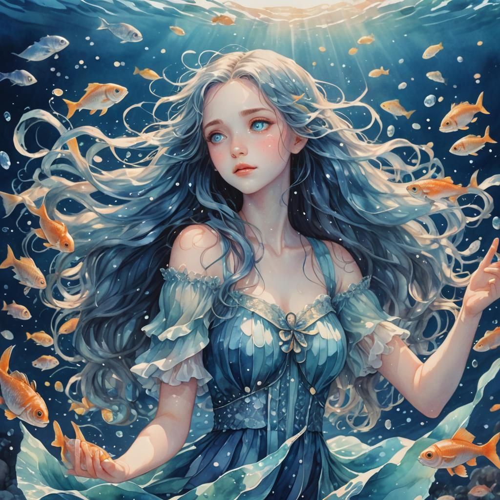 Anime Woman in Ocean, Watercolor Style