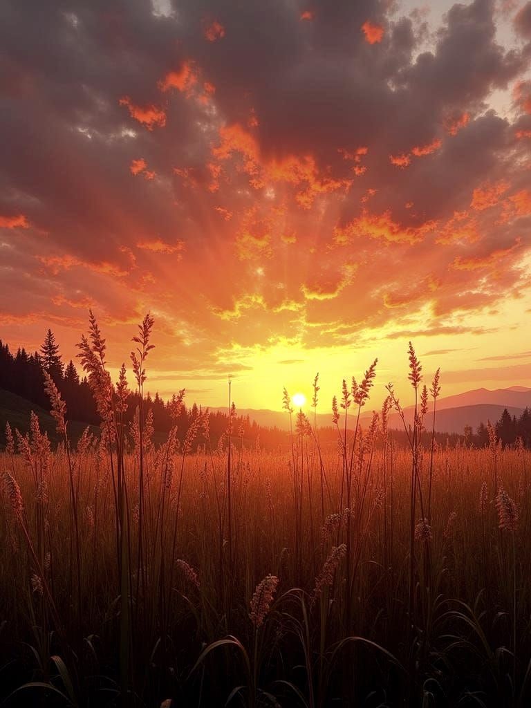 Sunset Over Tall Grass Field
