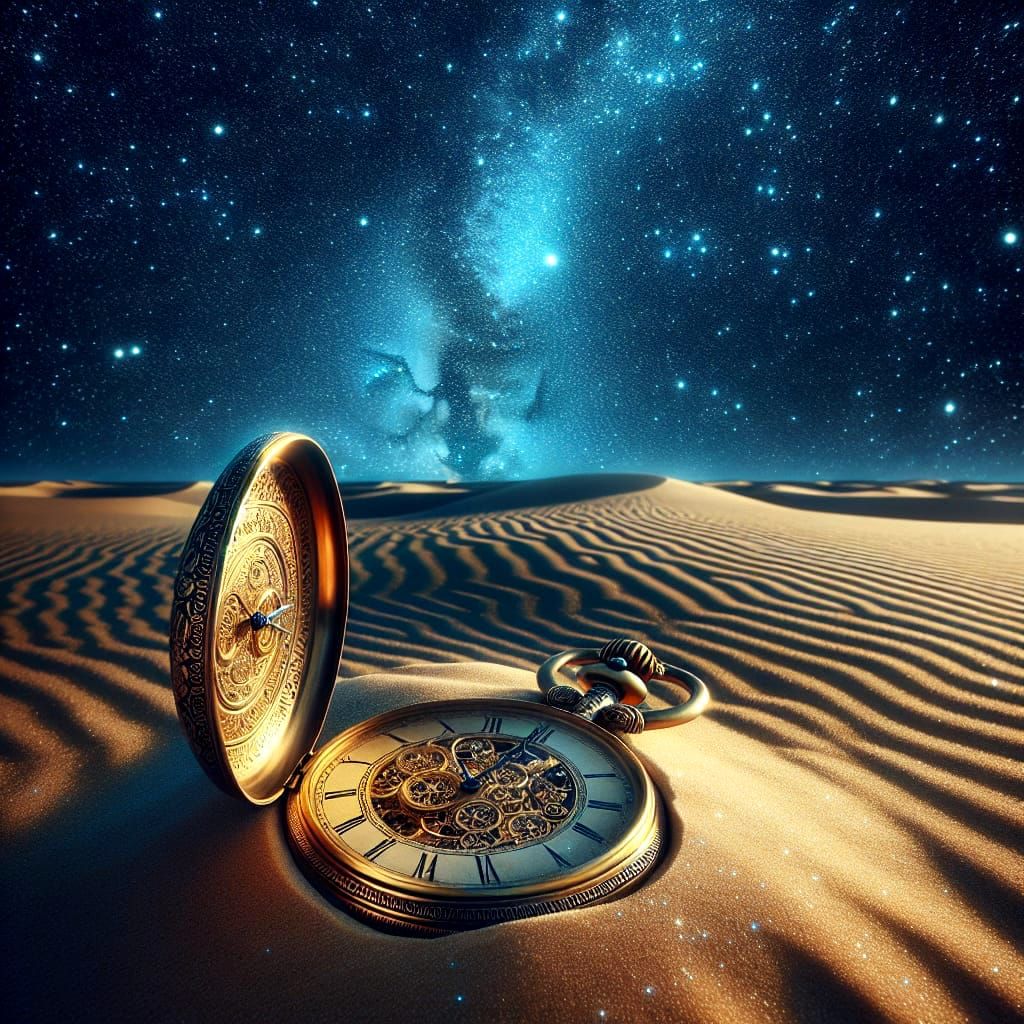 Surreal Desert Pocket Watches Under Starlit Sky