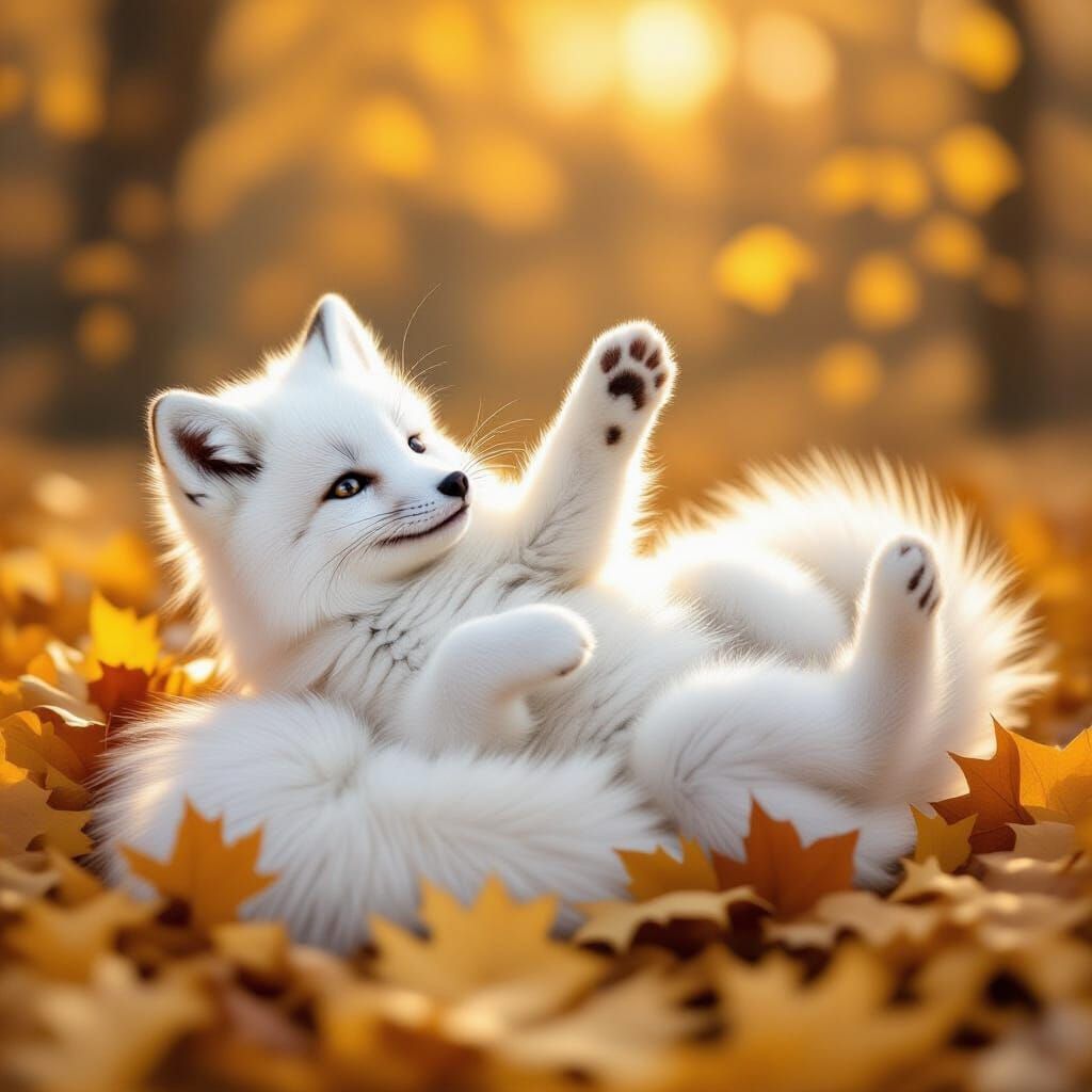 Arctic Fox Kit Rolls in Autumn Leaves at Dusk
