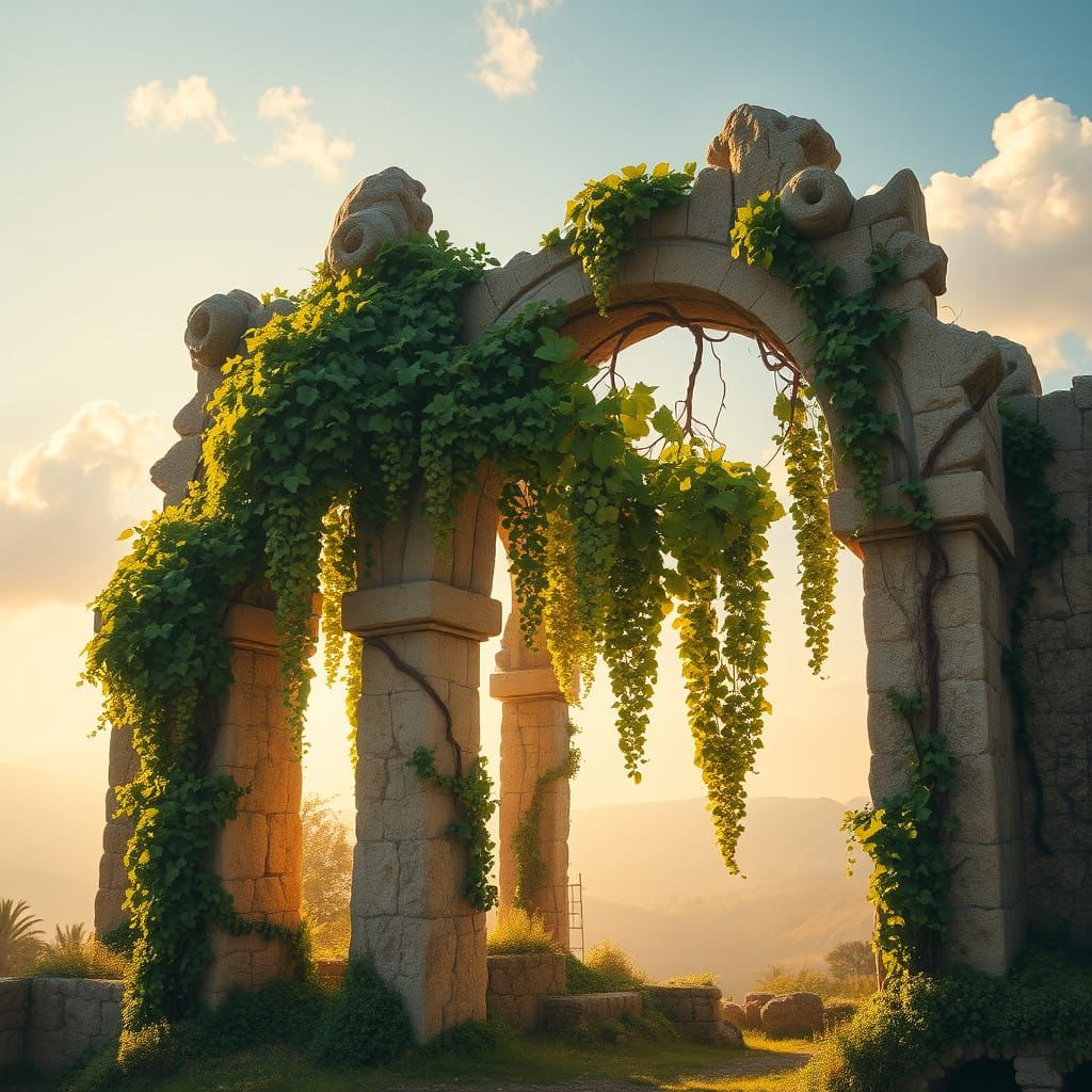 Ethereal Vineyards Suspended Amidst Ancient Stone Arches