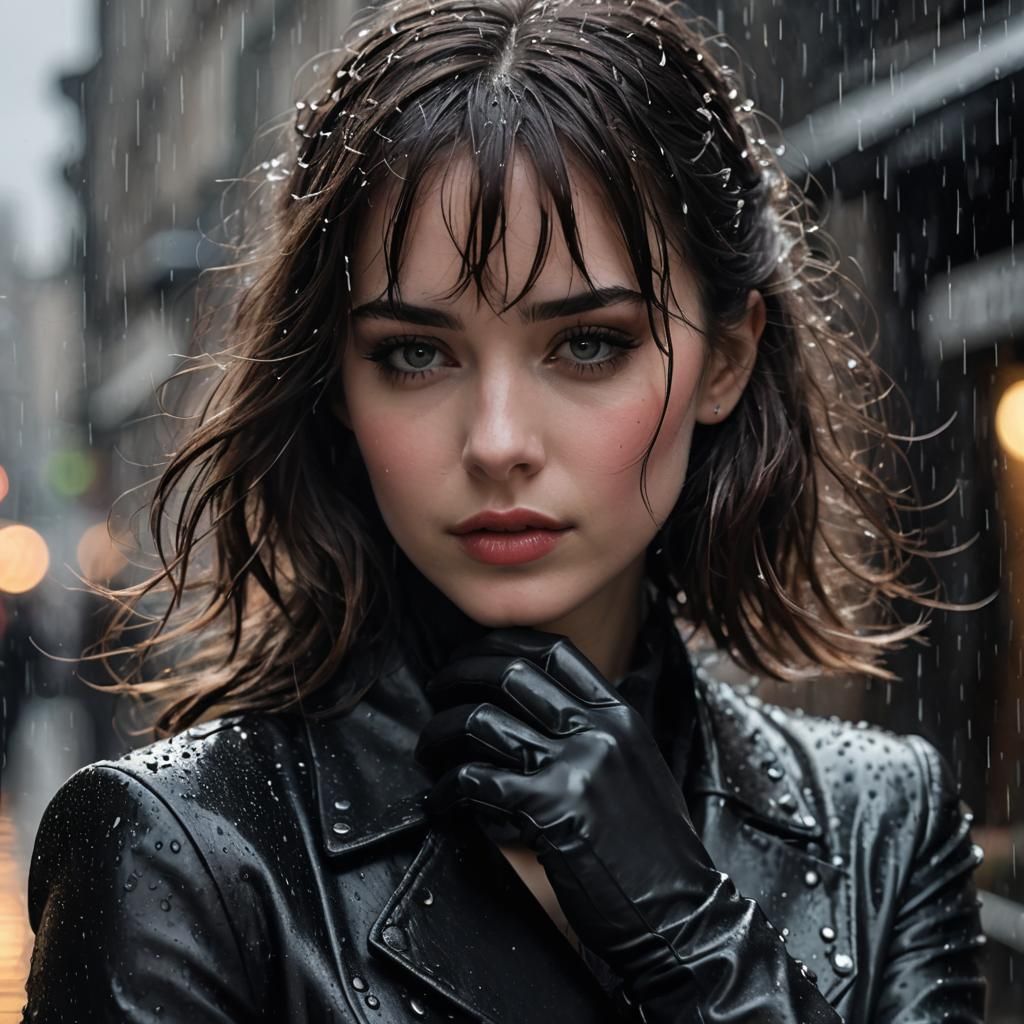 Melancholic Brunette in Rainy Gothic Scene