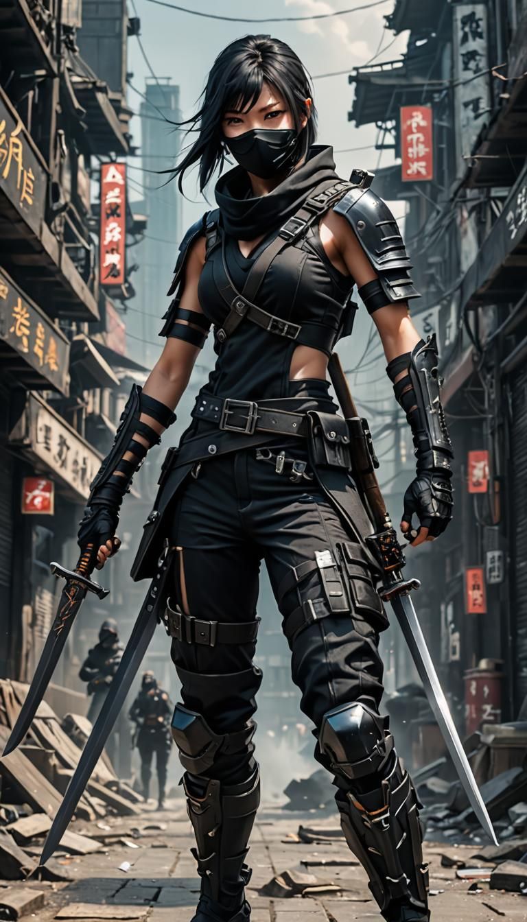 Cyberpunk Ninja Woman with Swords in Apocalyptic City