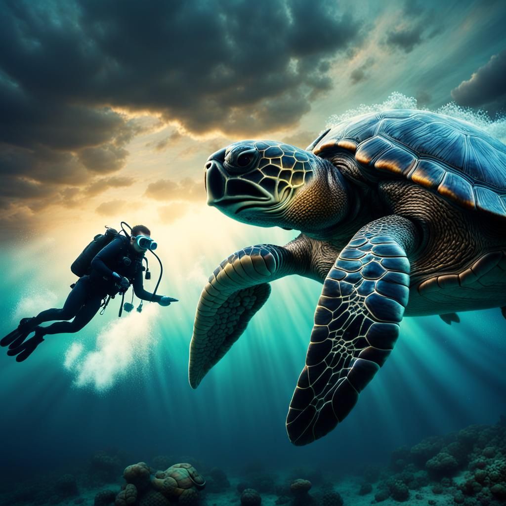Bioluminescent Sea: Diver, Turtle, and Lightning
