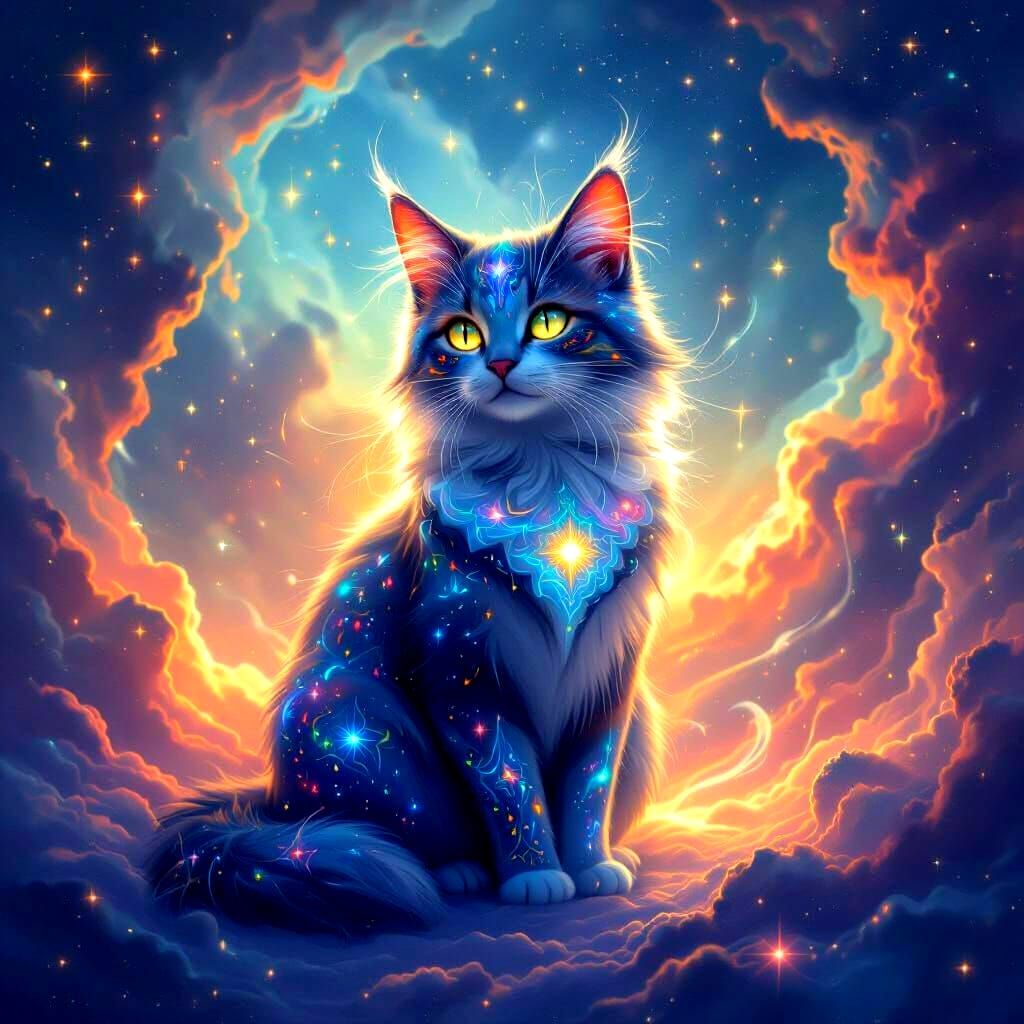 Mystical Celestial Cat in Cosmic Nebula