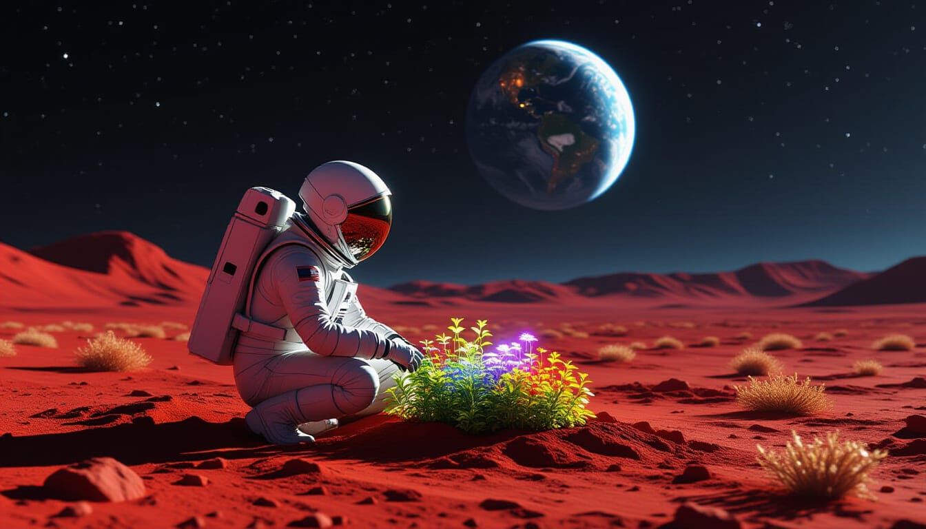 Astronaut Tends Vibrant Garden on Red Planet