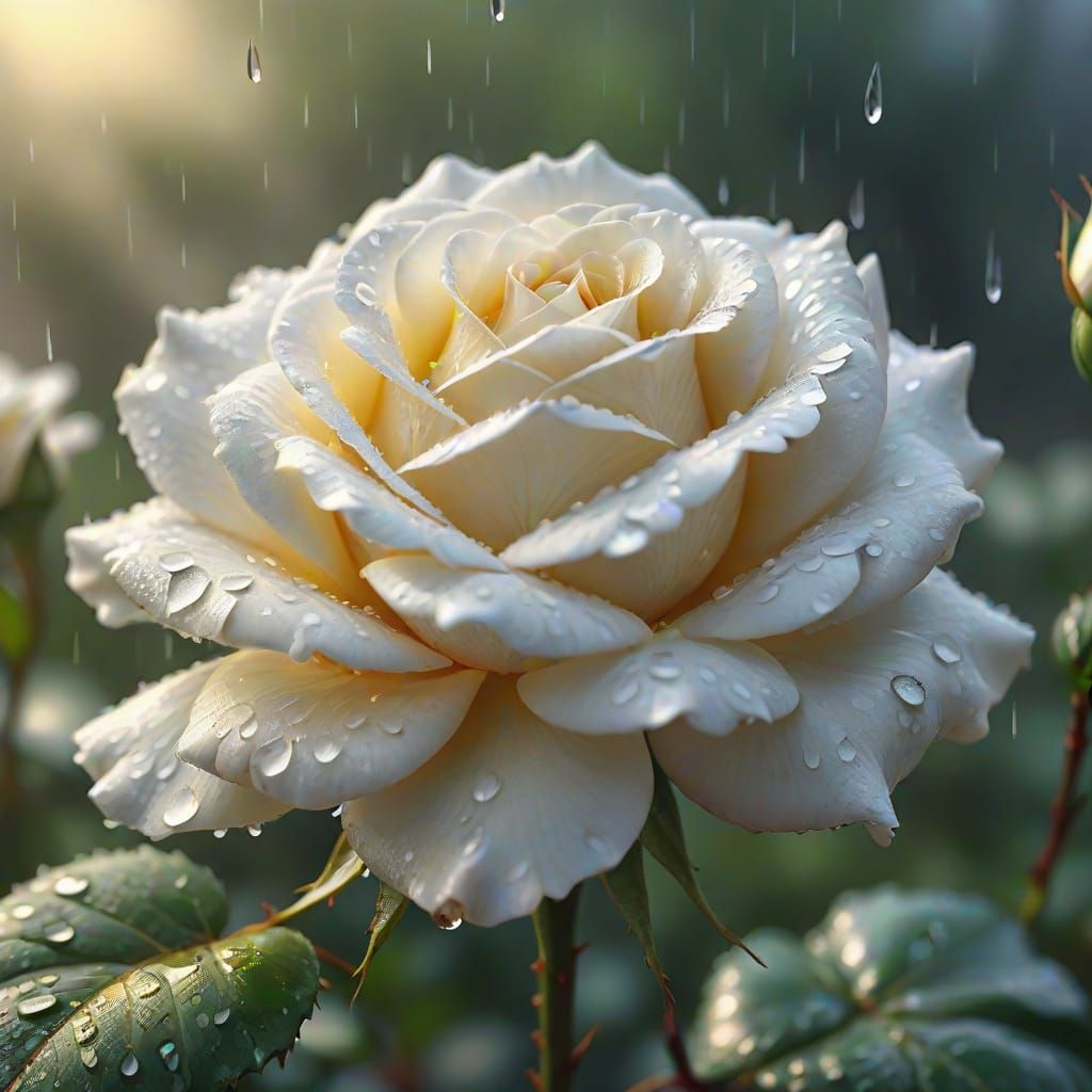 White Rose Petals in Rain: Hyper-Realistic Digital Art