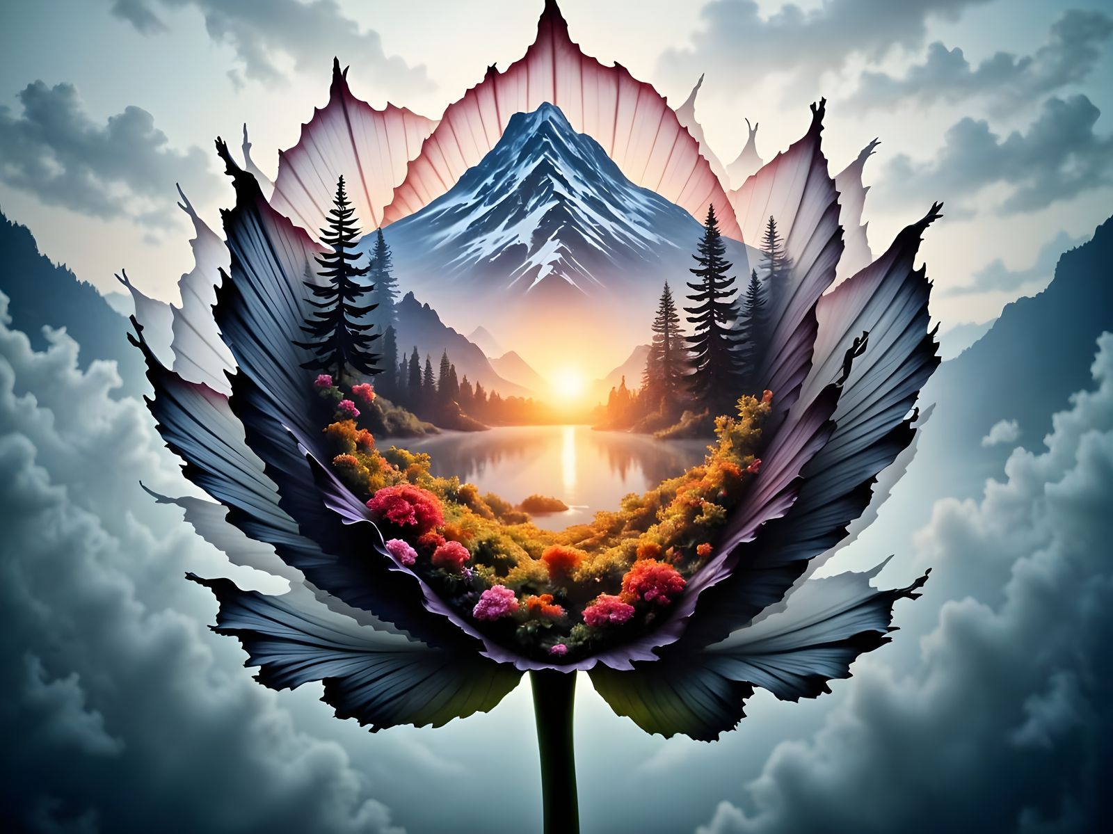 Rare Flower with Miniature Seasonal Landscapes