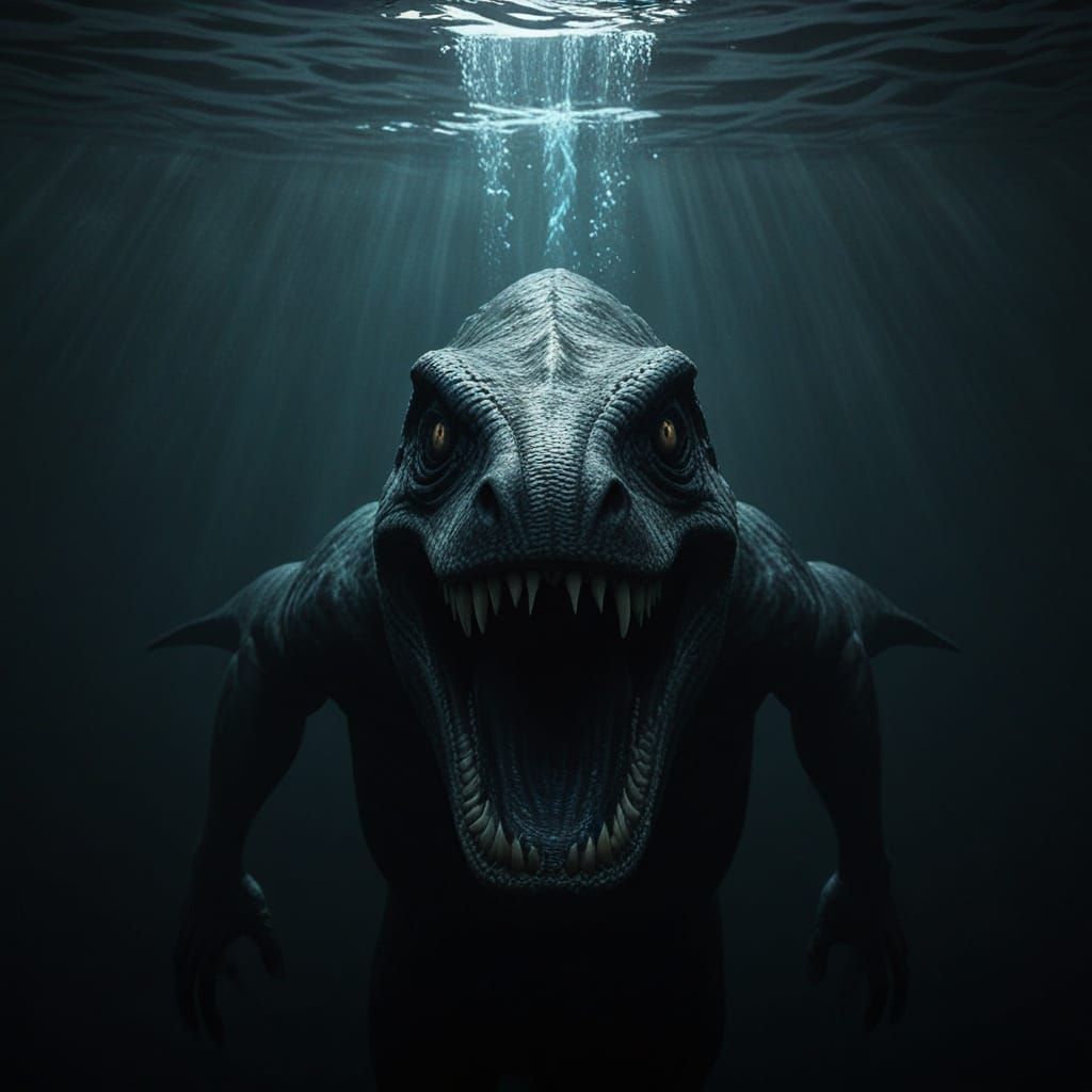 Human Swimmer Confronts Ancient Monster in Dark, Muted Water...