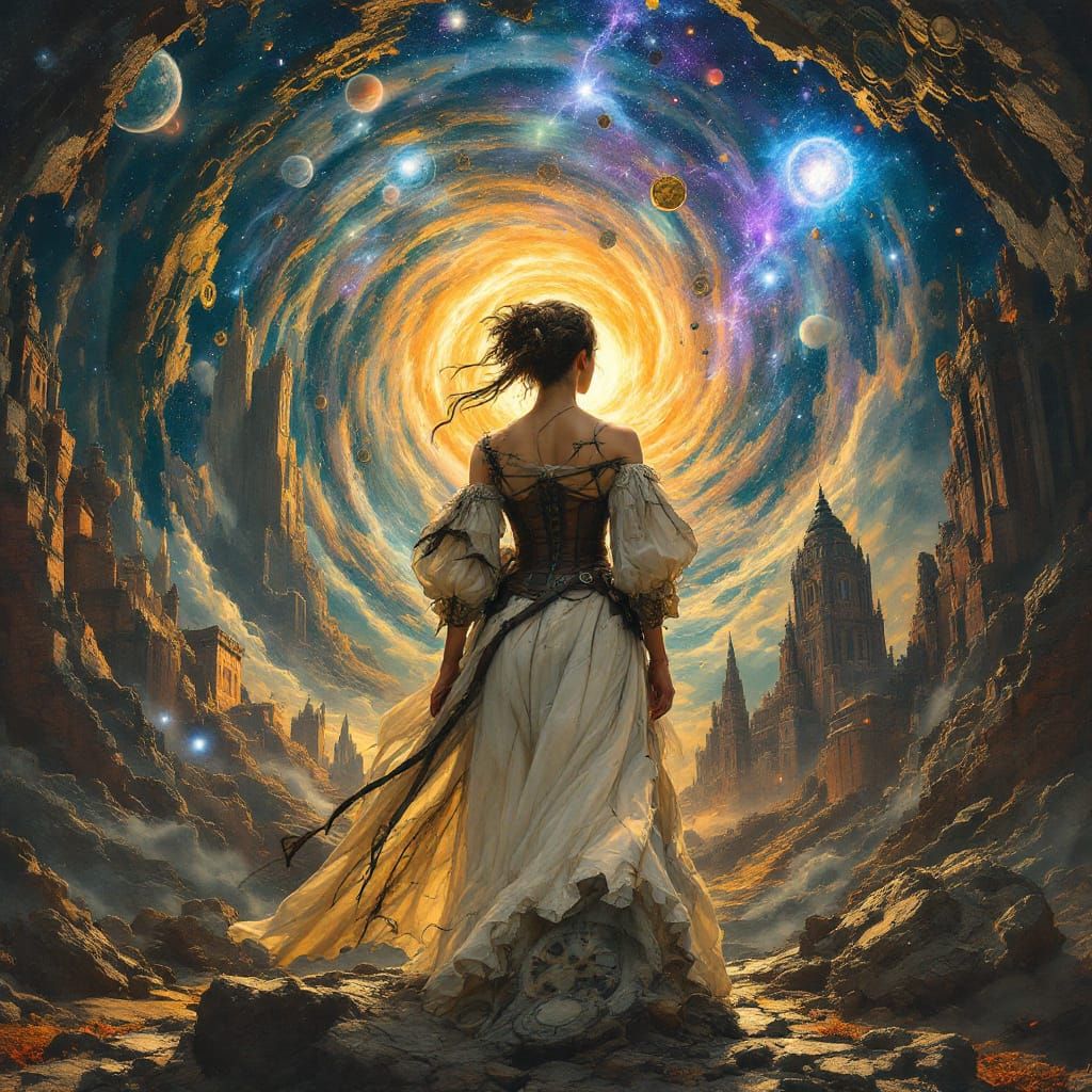 Woman at the Edge of Time Vortex, in Surreal Style