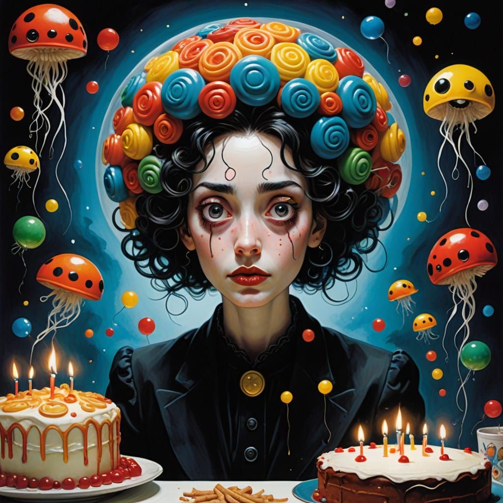 Surreal Birthday Cake in Vibrant, Whimsical Art Style