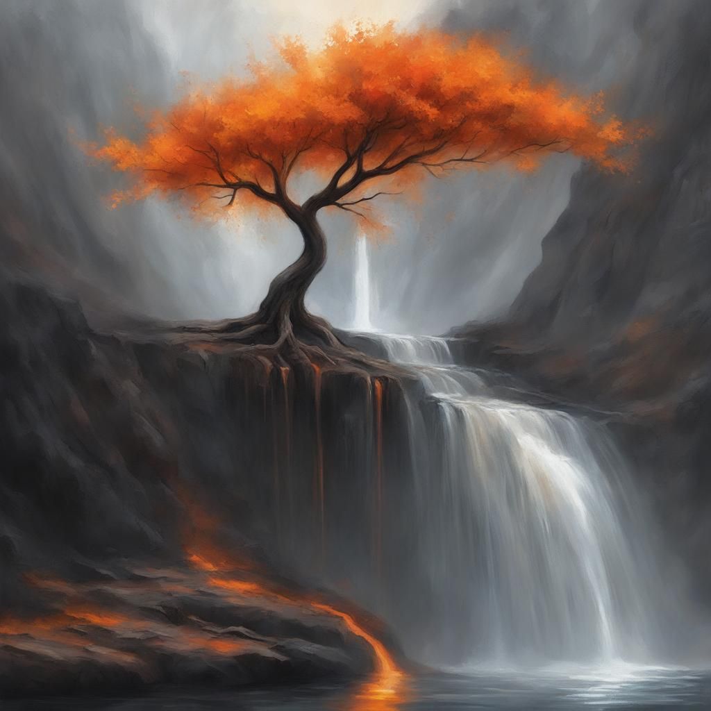 Fantasy Tree with Waterfall in Digital Oil Painting Style