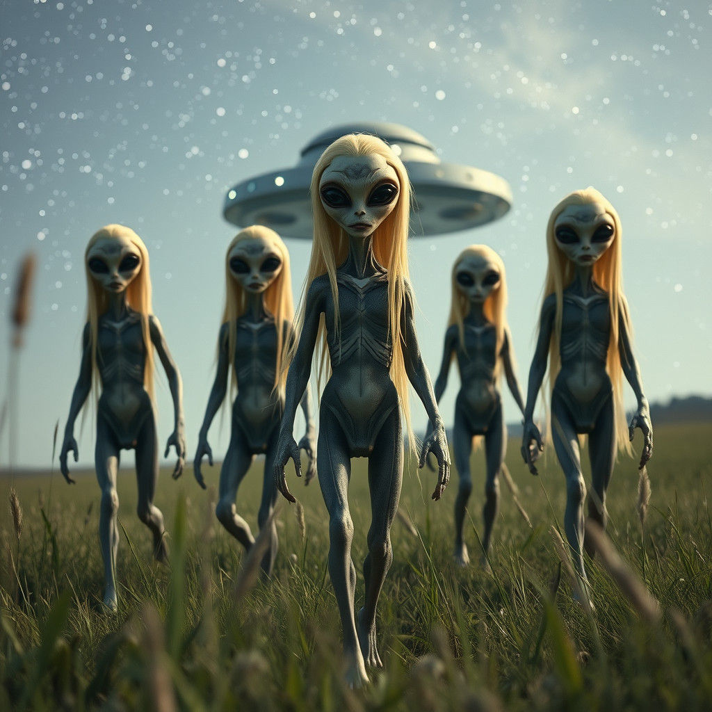 Friendly Aliens Arrive in Meadow Under Starry Sky