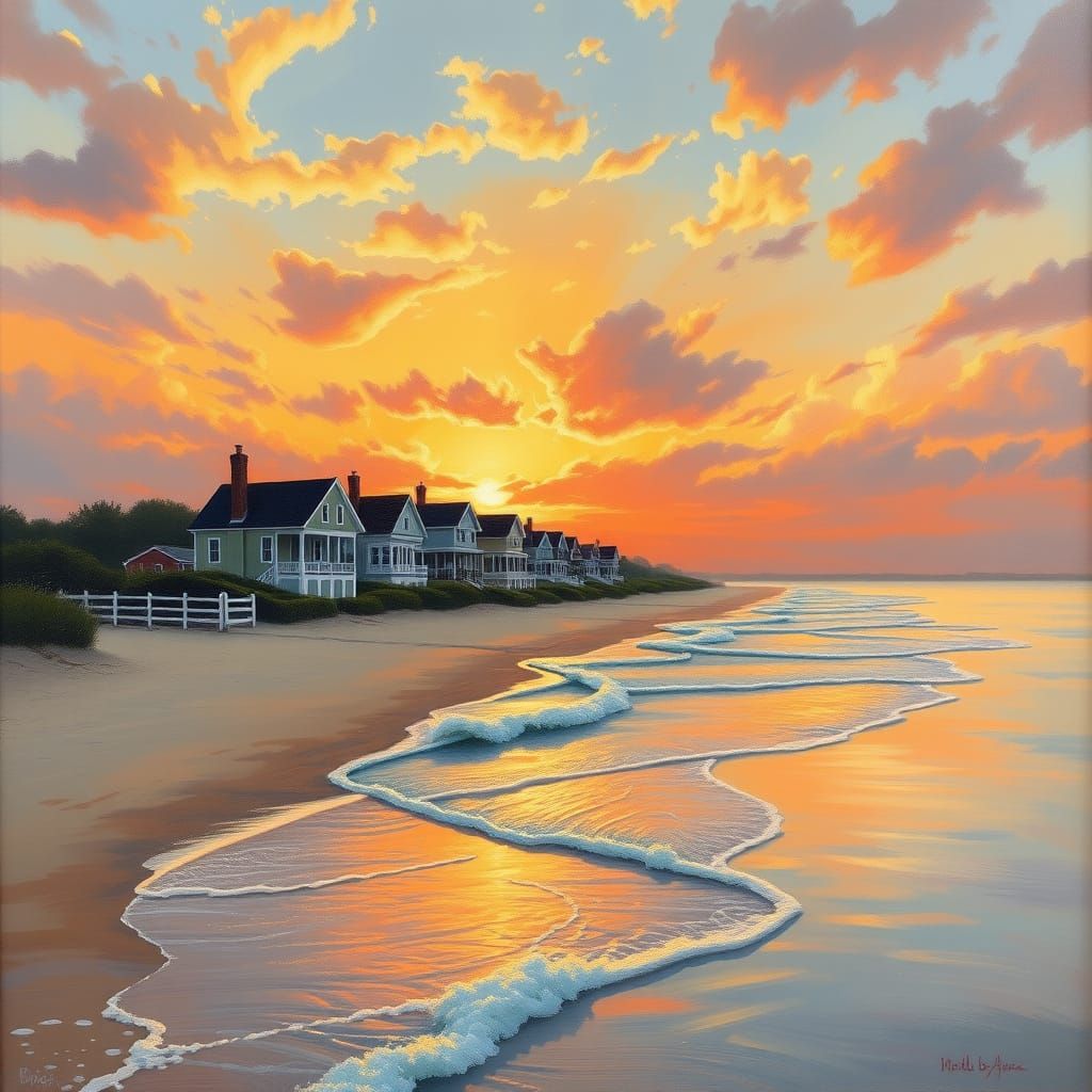 Seaside Houses at Sunset in Impressionist Style