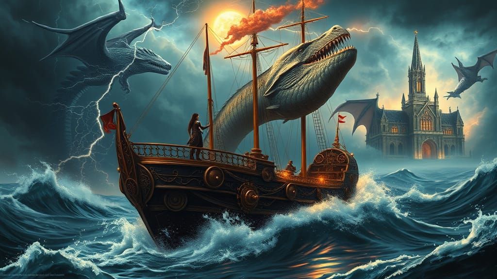 Ethereal Steampunk Vessel Battles Leviathan in Turbulent Ski...
