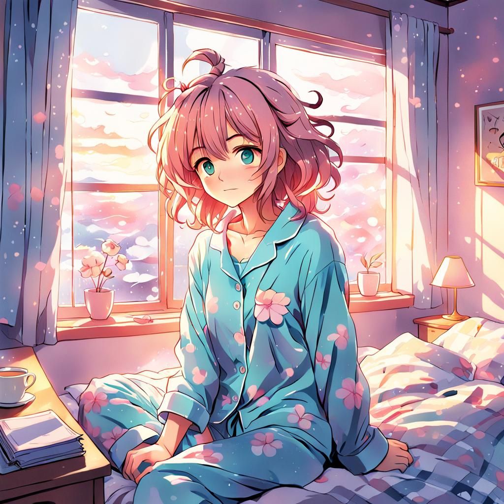 Cozy Morning: Young Woman in Anime Style