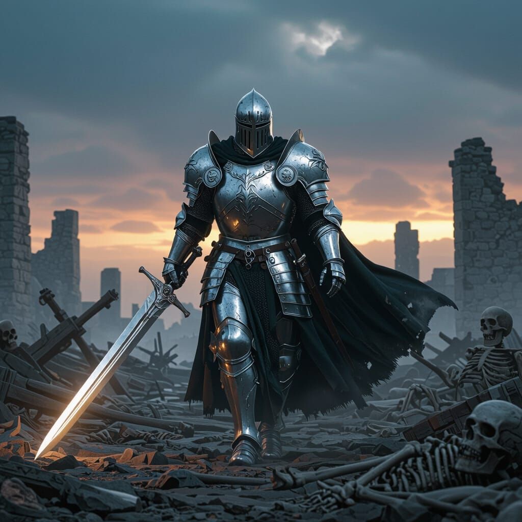 Paladin in Silver Armor on Ruined Battlefield
