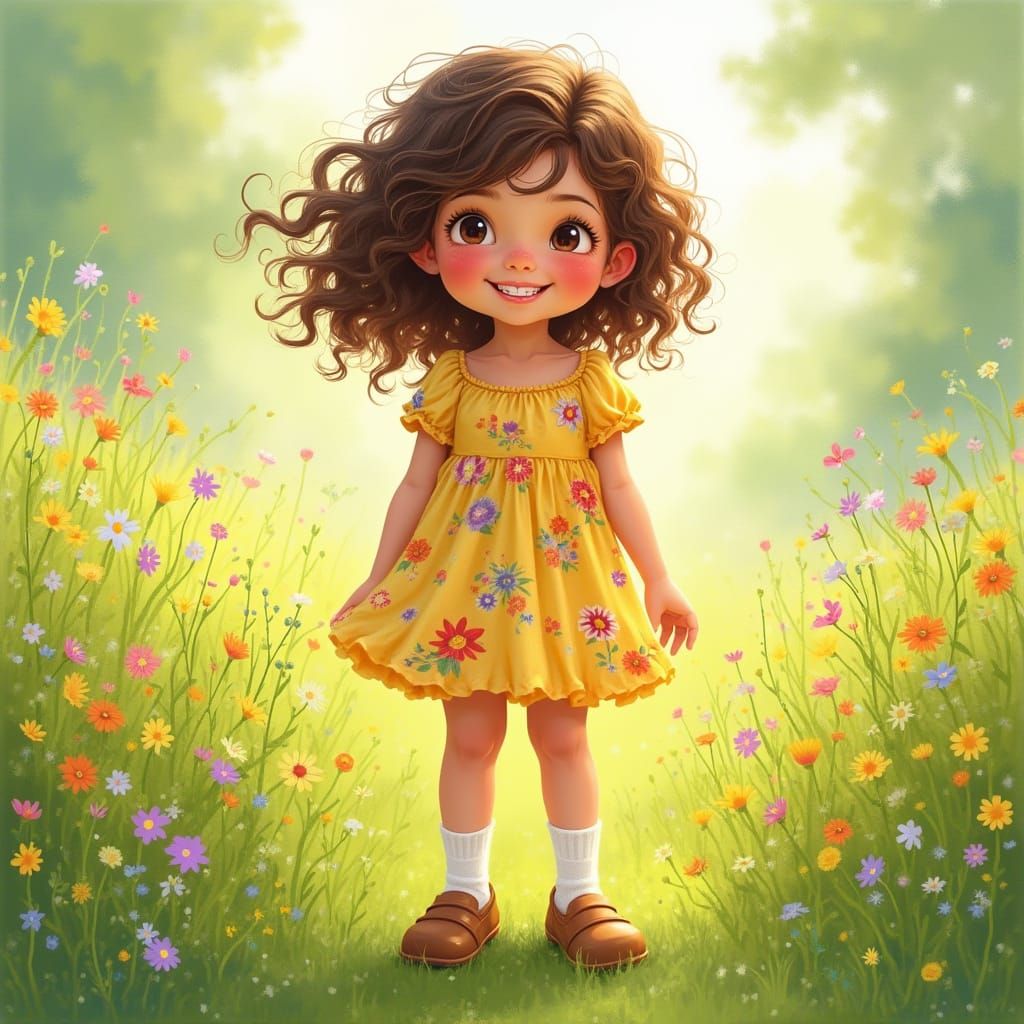 Girl in Meadow, Impressionistic Floral Scene