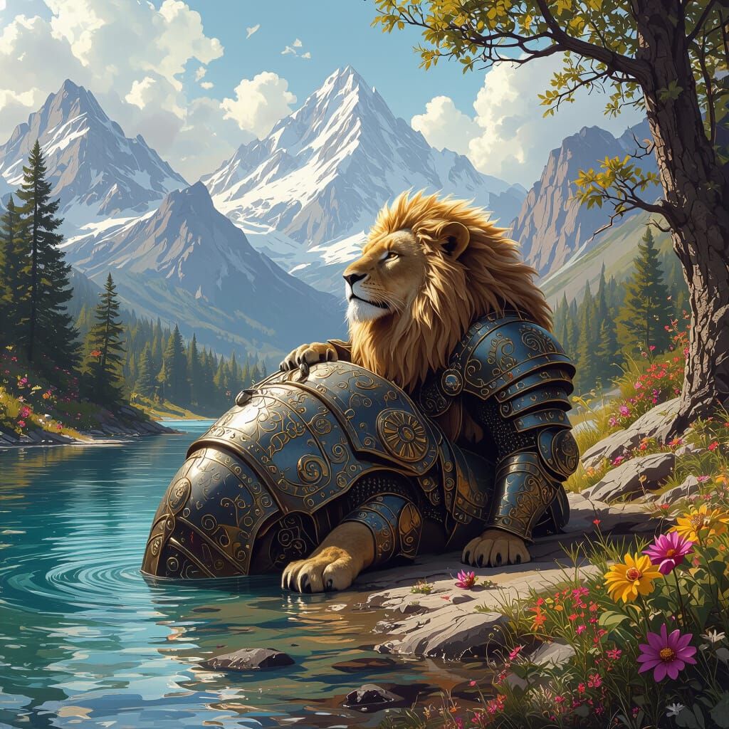 Armored Lion Playing by Crystal River