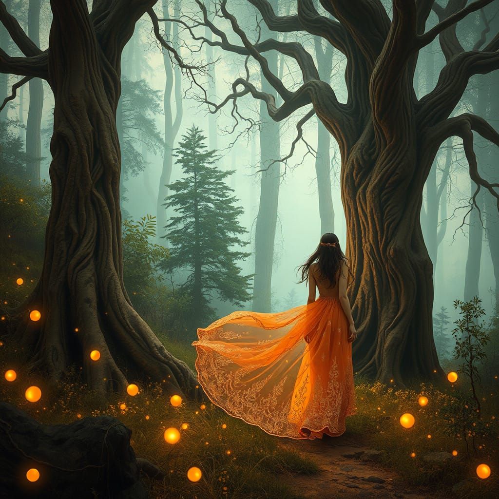 Enchanted Woman in Lush, Dreamlike Forest
