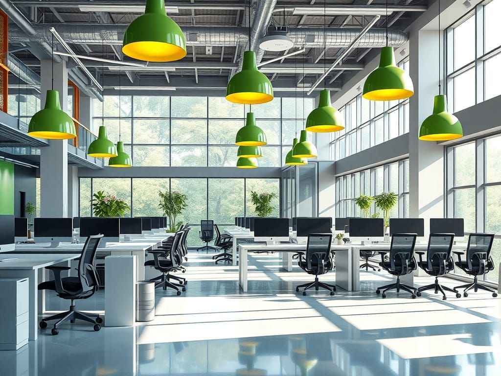 Sleek Modern Office with Green Hanging Lamps and Abundant Na...