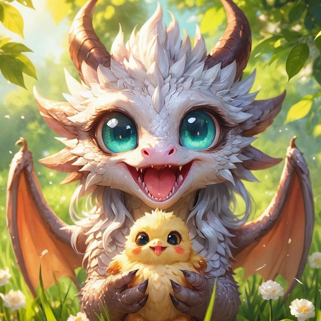 Adorable Dragon in Anime Style Holds Chick