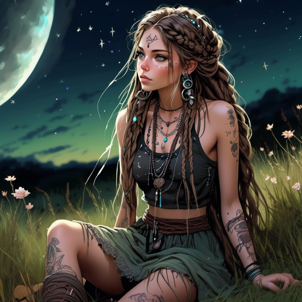 Boho Woman Gazing at Stars in Mystical Meadow