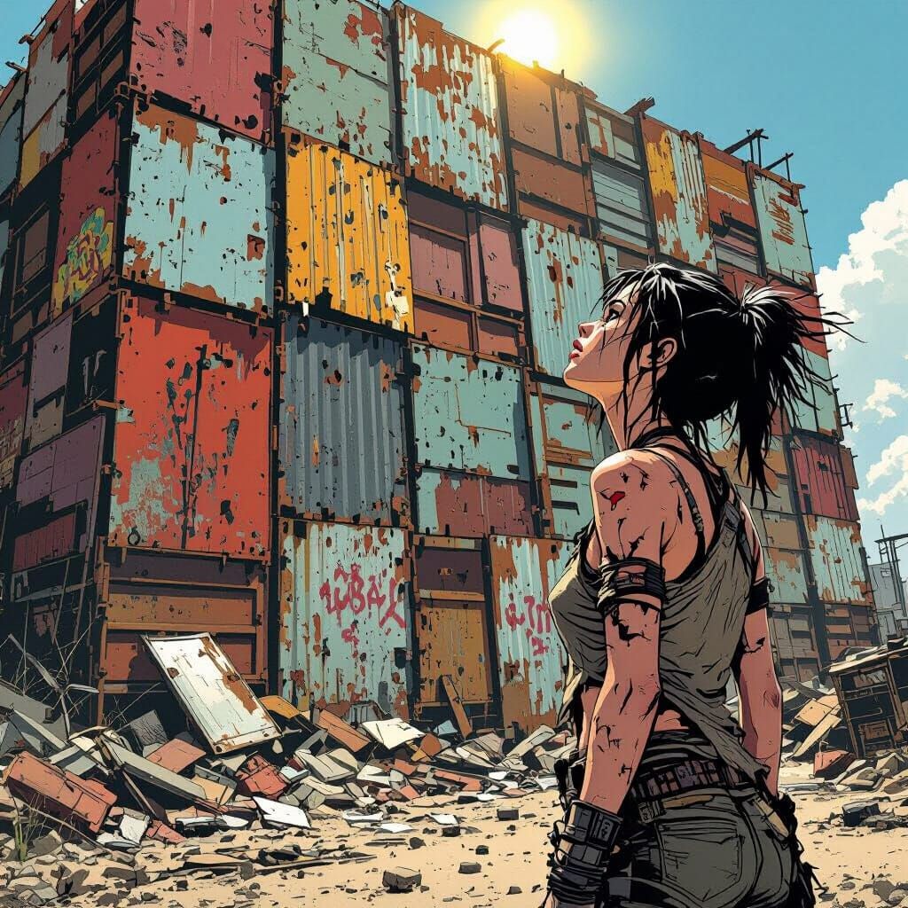 Post-Apocalyptic Woman Seeks Shade at Junk Metal Fortress