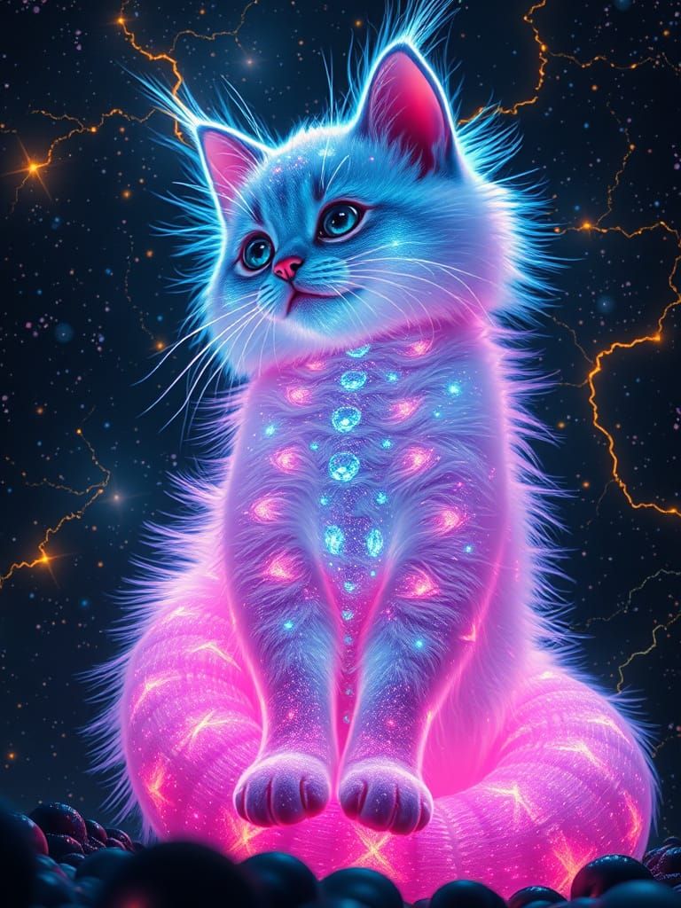 Celestial Kitten in Surreal Cosmic Landscape