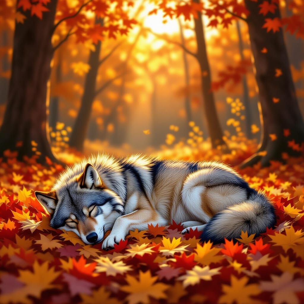 Lone Wolf Sleeping on Autumn Leaves in Forest Clearing