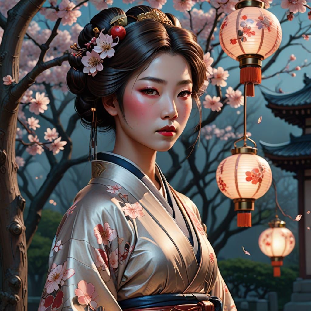 Geisha in Moonlit Cherry Garden, Art Nouveau Style