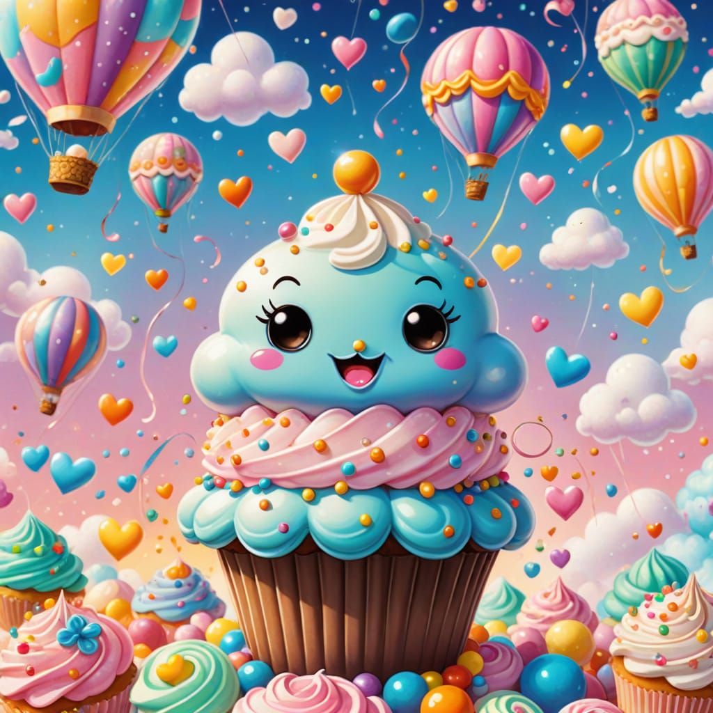 Whimsical Chibi Cupcake Hot Air Balloon Adventure