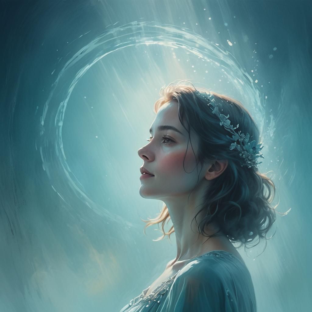Woman in Dreamlike Cyan Halo: Impressionist Digital Art