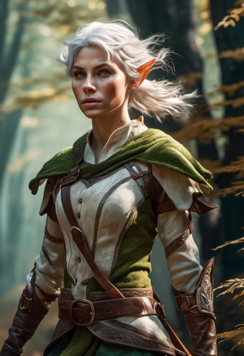 Hyperrealistic Elf Warrior in Autumn Forest