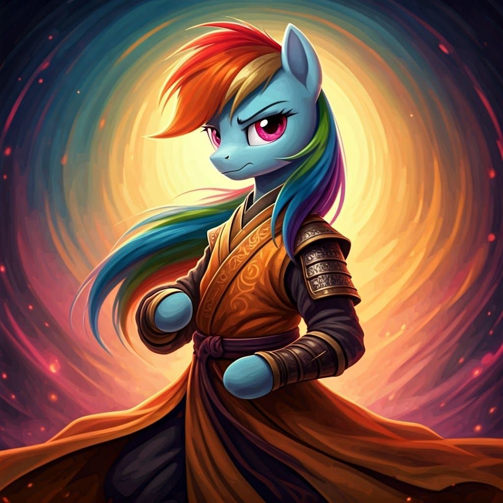 Hyperrealistic Warrior Pony in Vibrant, Swirling Landscape