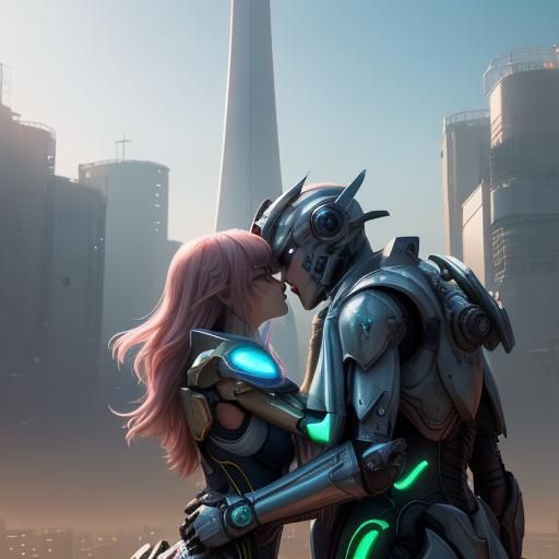 Anime Girls Kissing in Power Armor, 3D Render