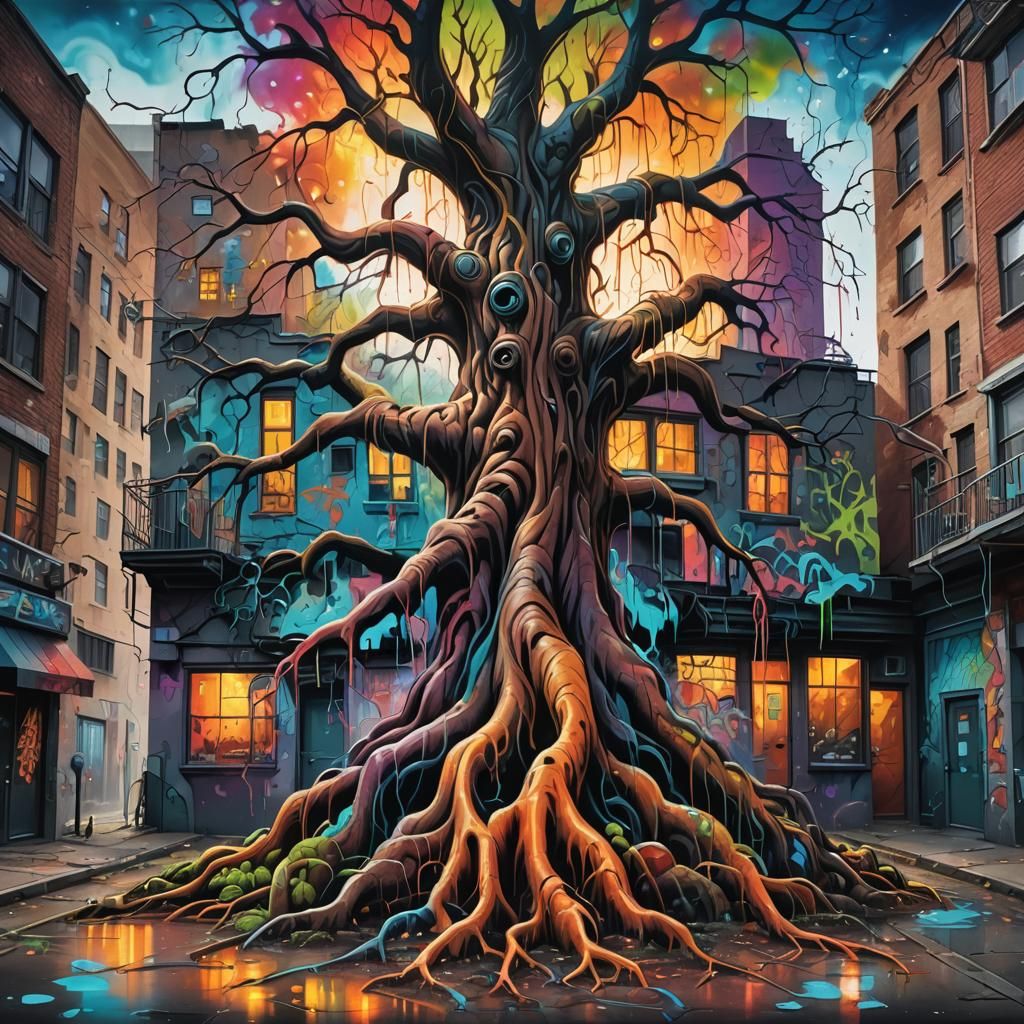 Surreal Graffiti Art: Tree Gripping Melting Cityscape
