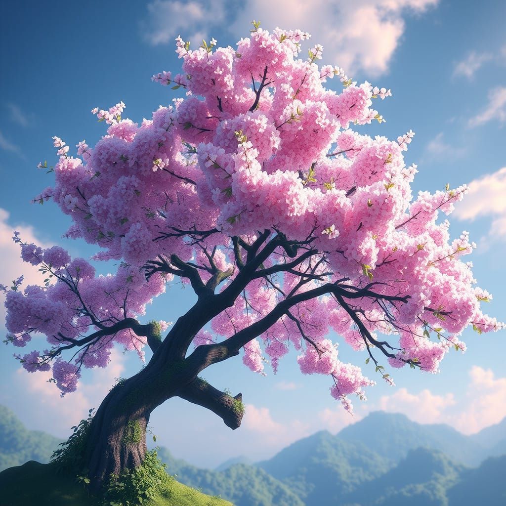 Enchanted Blossoming Cherry Tree in Whimsical Fantasy Landsc...