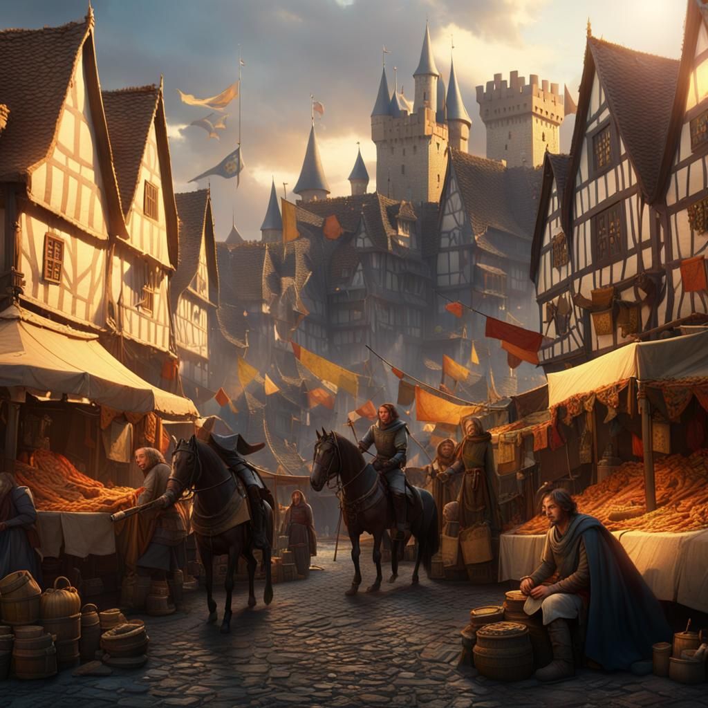 Medieval Marketplace in Golden Hour Lighting