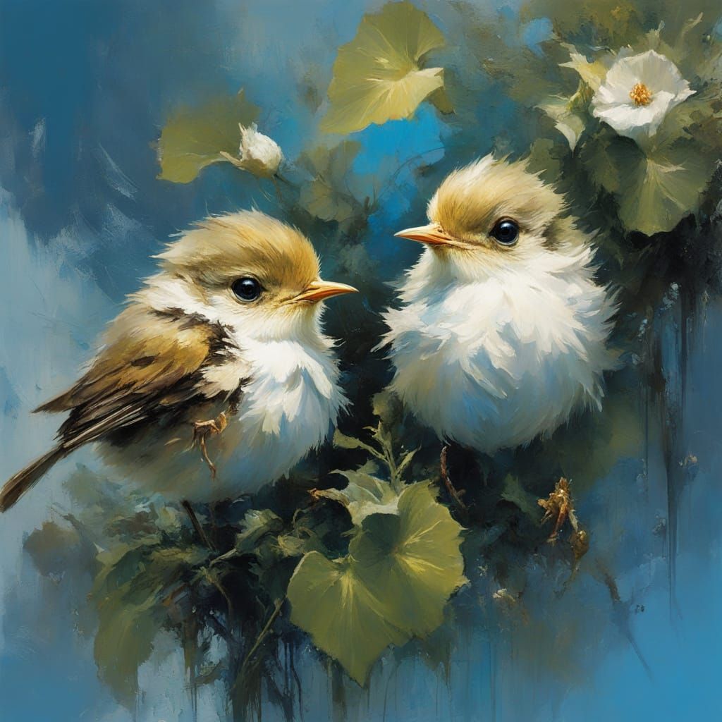 Two Baby Robins on Blue Morning Glory Vine