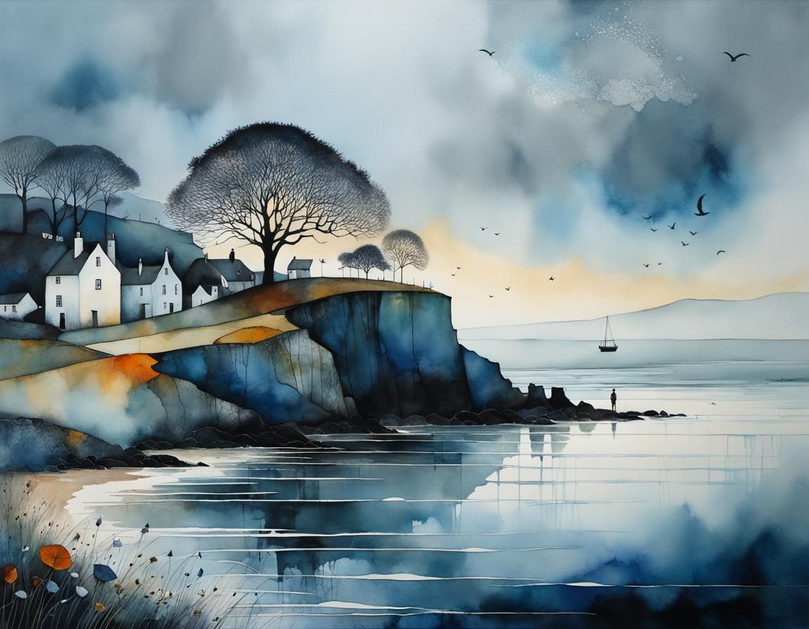 Misty Seaside Sunrise: Whimsical Cubist Illustration