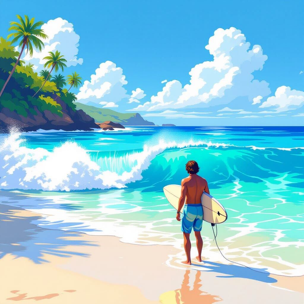 Paradise Shoreline: Surfer Ready to Ride