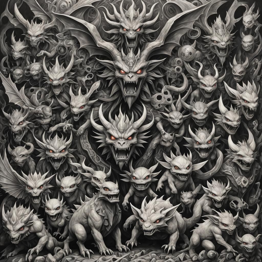 Demons as Pokémon: Hyperdetailed Charcoal Art