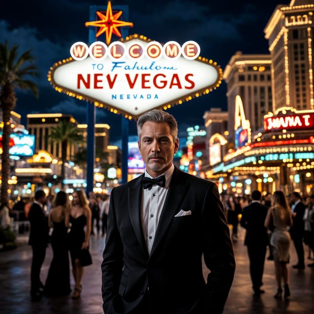 Man in Black Suit Outside New Las Vegas Casino
