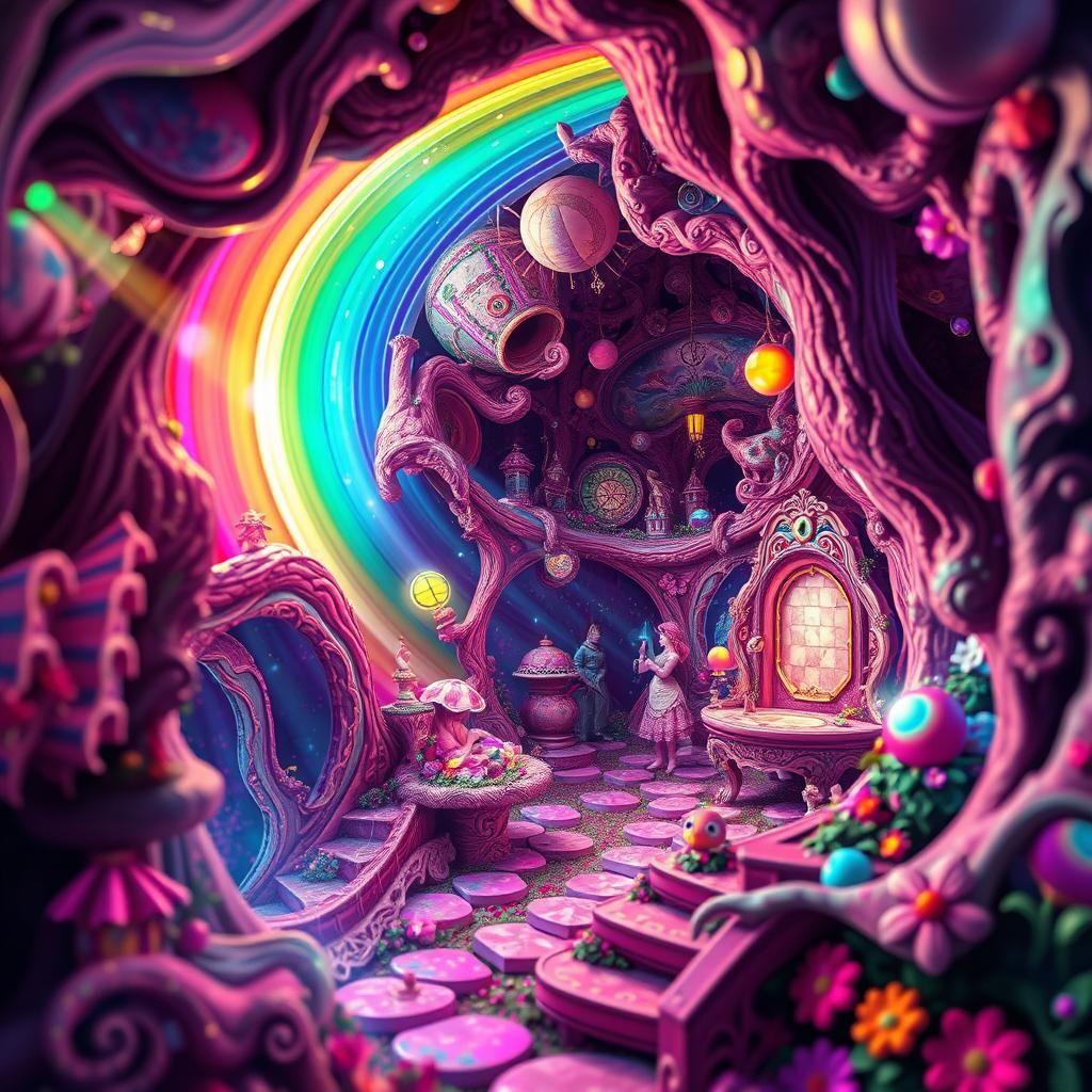 Alice in Wonderland Psychedelic Dreamscape with Rainbow Ligh...