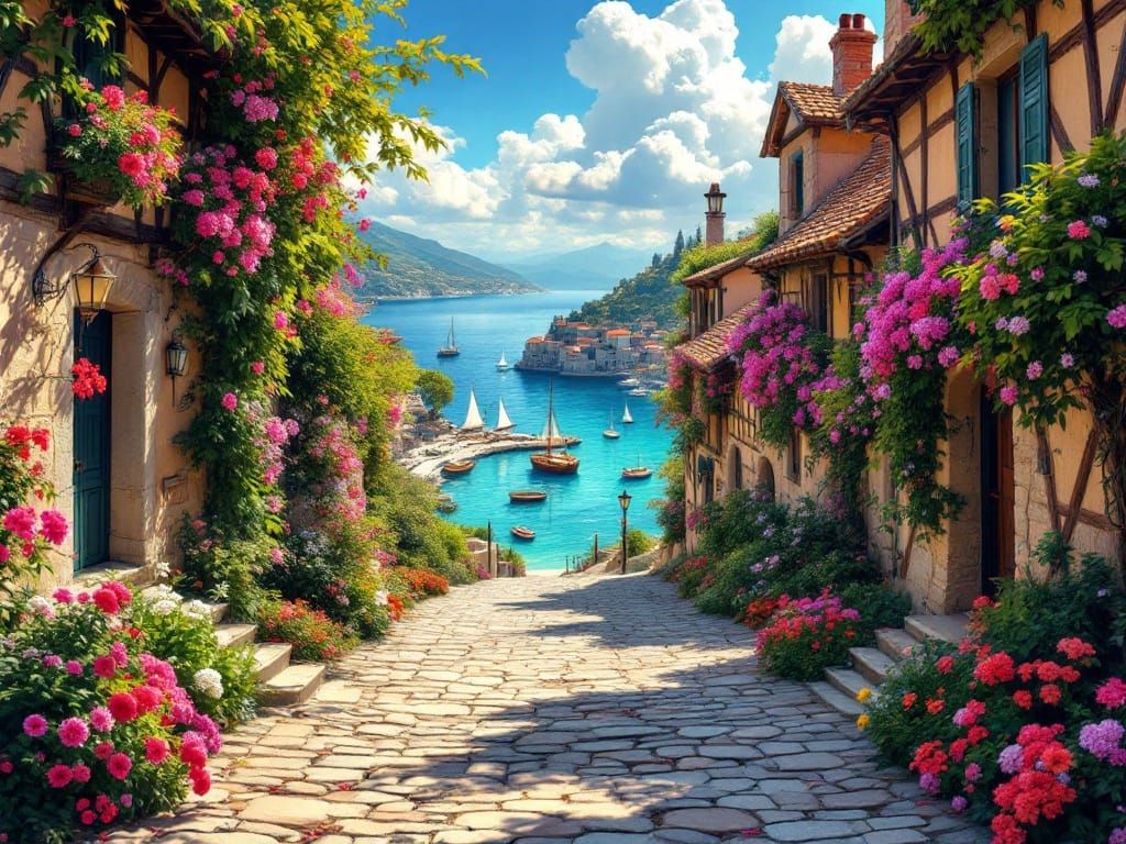 Impressionist French Village Scene with Mediterranean Harbor