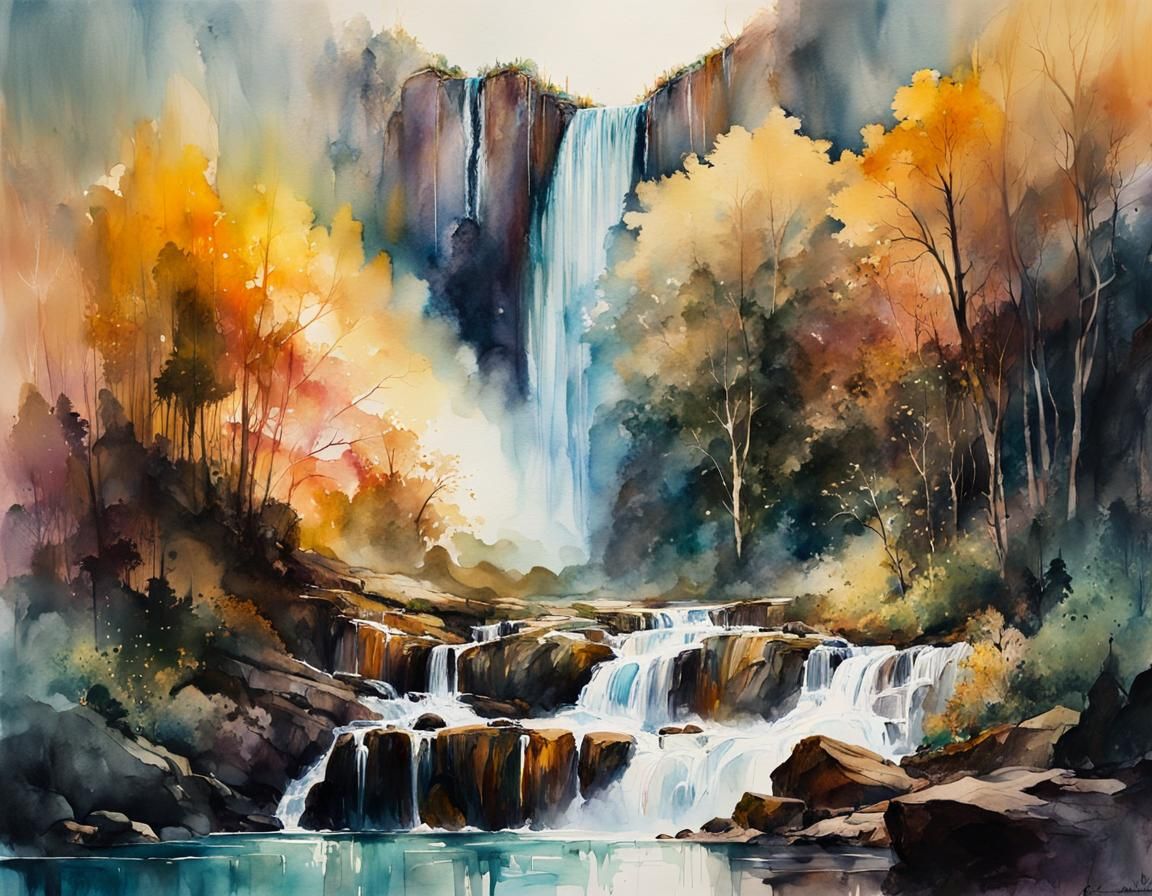 Epic Waterfall in Iridescent Light, Watercolour Concept Art